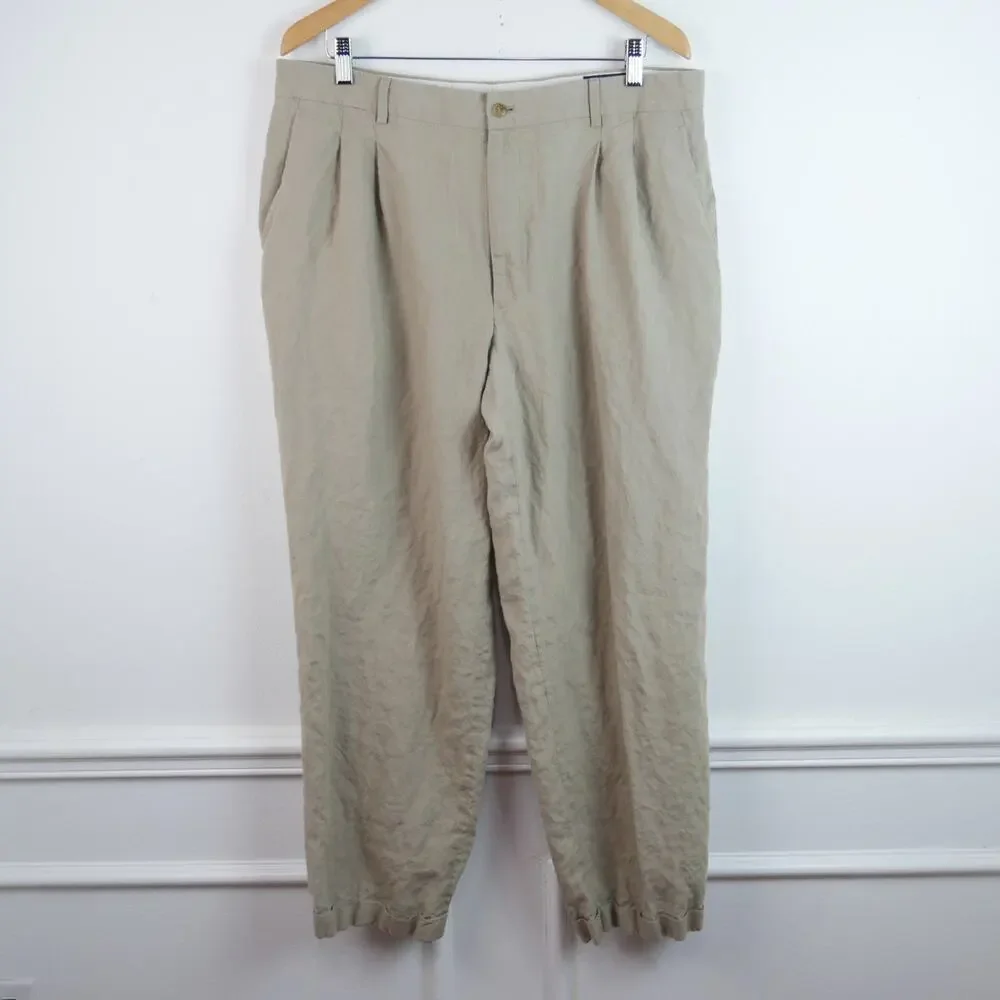 J Crew 100% Linen Trousers Pleated Pants Cuff Hem 38 x‎ 30 Preppy Heritage FLAW